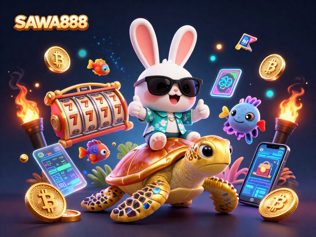 SAWA888 showcases an exciting gambling scene with a lucky rabbit, golden turtle, and neon crypto elements.