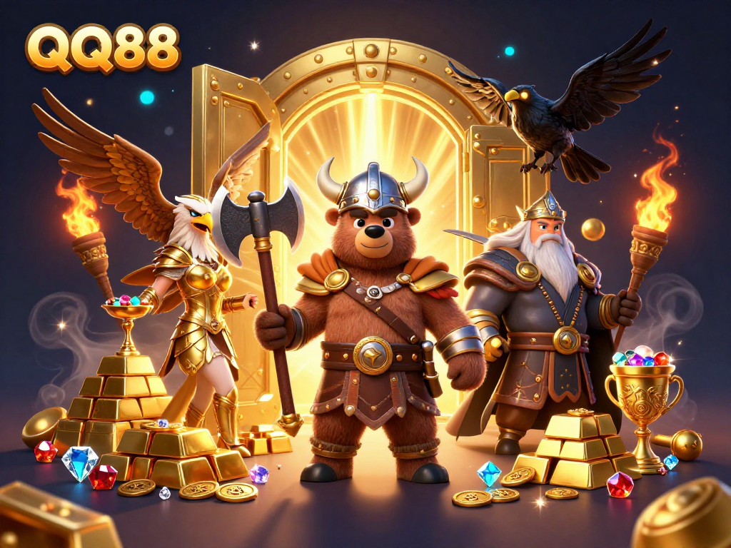 Engage in thrilling gameplay at QQ88 with a vibrant 3D cartoon scene showcasing Viking characters and gold treasure.