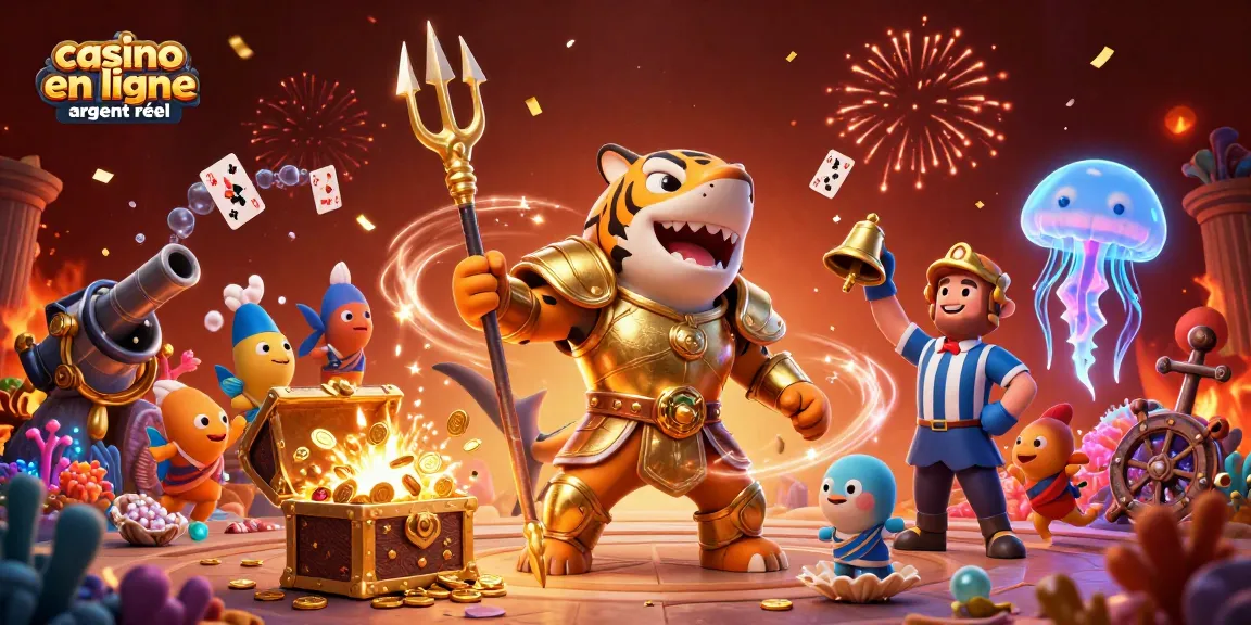 Plongez dans l'univers des jeux de casino en ligne argent réel avec un requin tigre en armure et des trésors sous-marins.