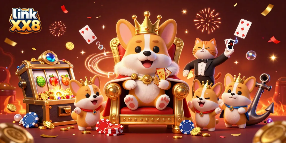 Engage with link XX8 at a lively casino scene featuring a crowned royal corgi and dynamic game elements.