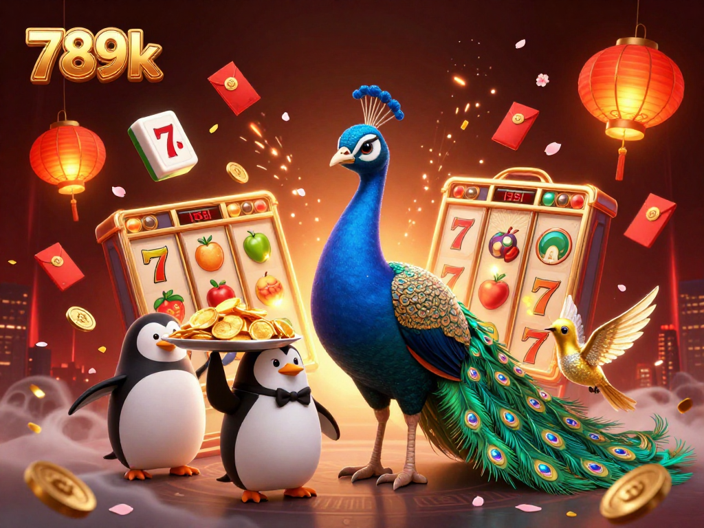 Win big with 789k in this vibrant 3D casino scene featuring colorful slot reels.