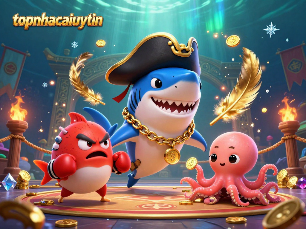 Topnhacaiuytinn pirate shark, pufferfish, and octopus celebrate winning gambling with coins and vibrant decorations.