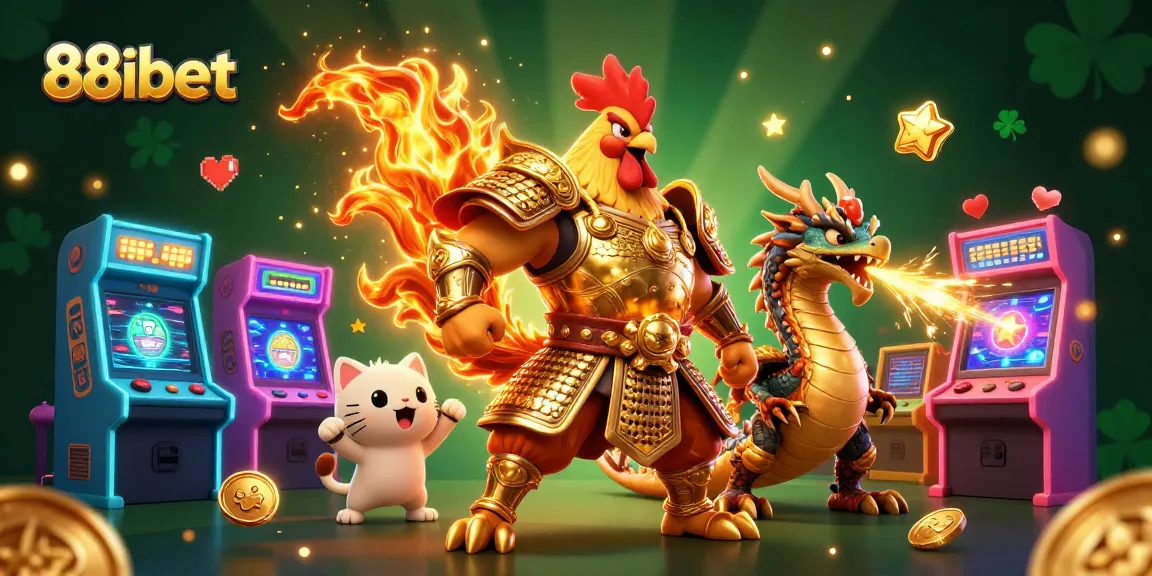 Join the adventure at 88ibet, featuring a cartoon rooster warrior, dragon hatchling, and casino games!