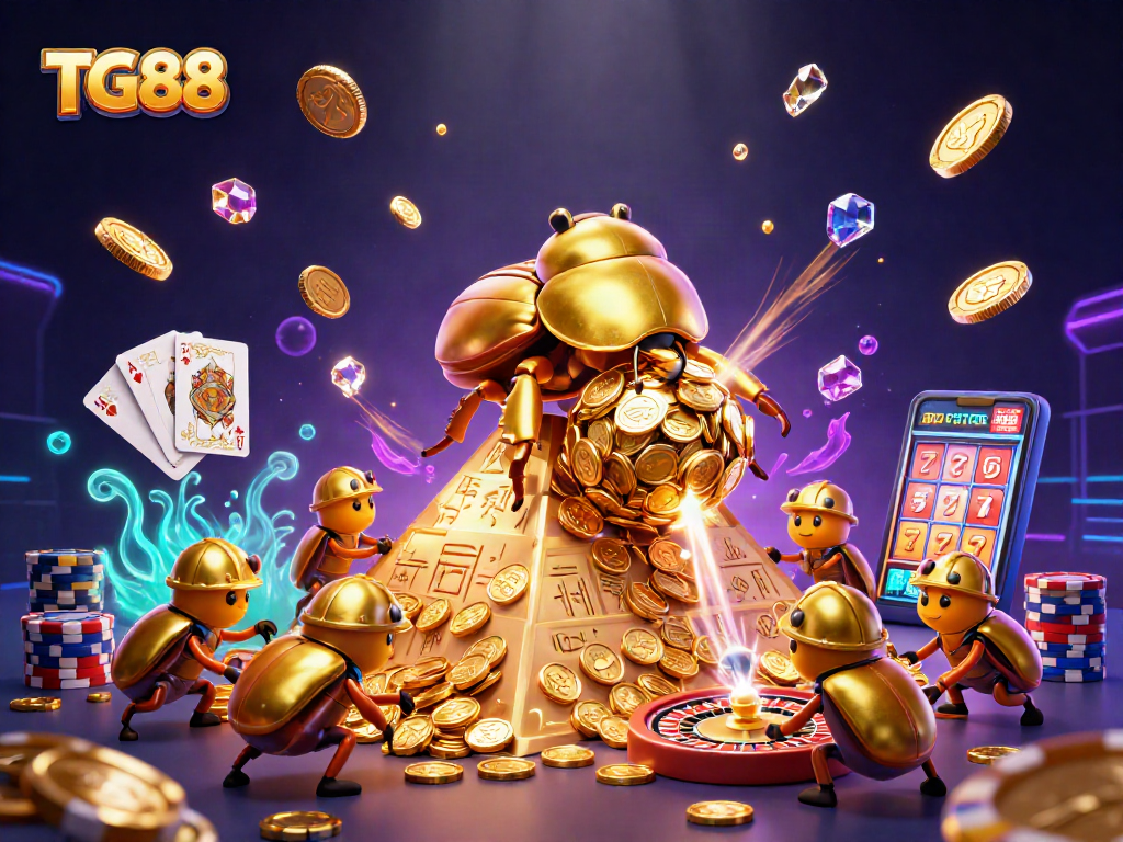 Spin to win at TG88 with a vibrant casino illustration featuring golden coins and dynamic game elements.