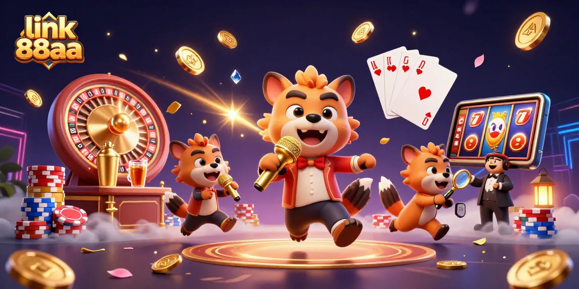 Engage with link 88aa in a vibrant 3D casino scene featuring hyenas, gold coins, and sparkling gems.