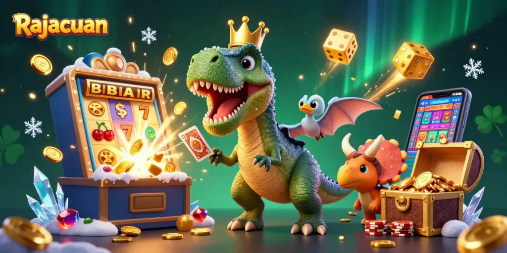 Rajacuan gameplay excitement with T-Rex dealing cards and a friendly chip-stacking triceratops amidst a dynamic casino scene.