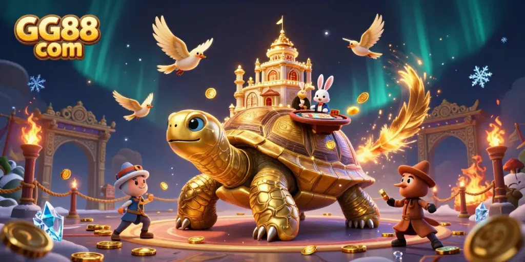 Experience gaming thrill at GG88 com with a golden tortoise casino scene featuring a rabbit dealer.