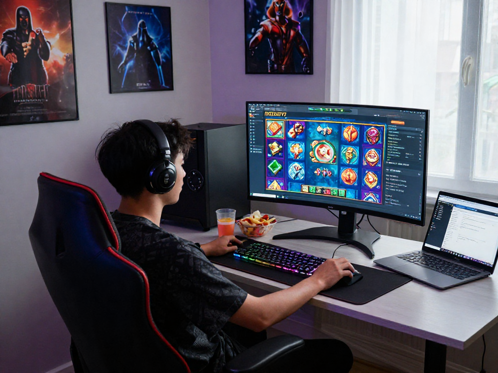 Gamer enjoying APIZEUS777 online slots with colorful display and snacks in a modern setup