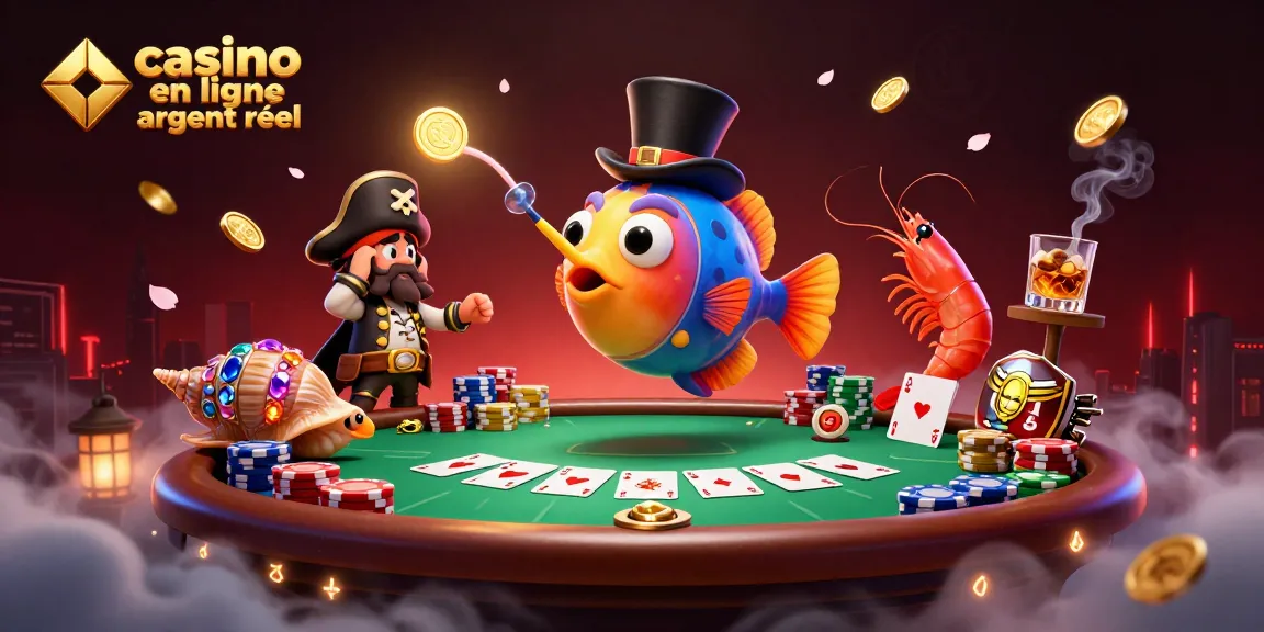 Illustration d'un casino en ligne argent réel avec des personnages marins en mode 3D entourés de jetons de poker et de lumières mystiques.