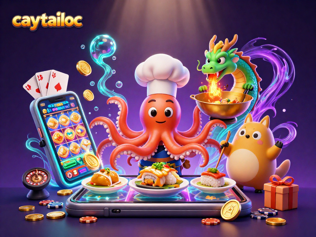 Experience big wins with caytailoc, featuring a colorful slot game, golden coins, and dynamic characters in a vibrant scene.