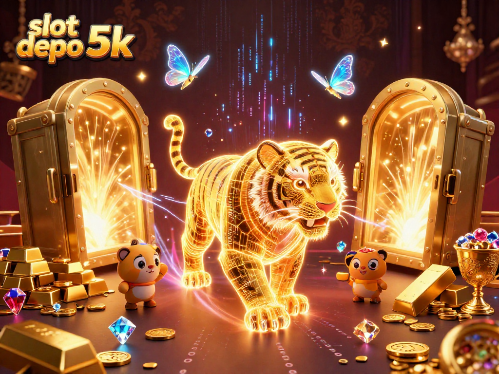 Experience thrilling wins with slot depo 5k in a vibrant 3D casino landscape illustration.