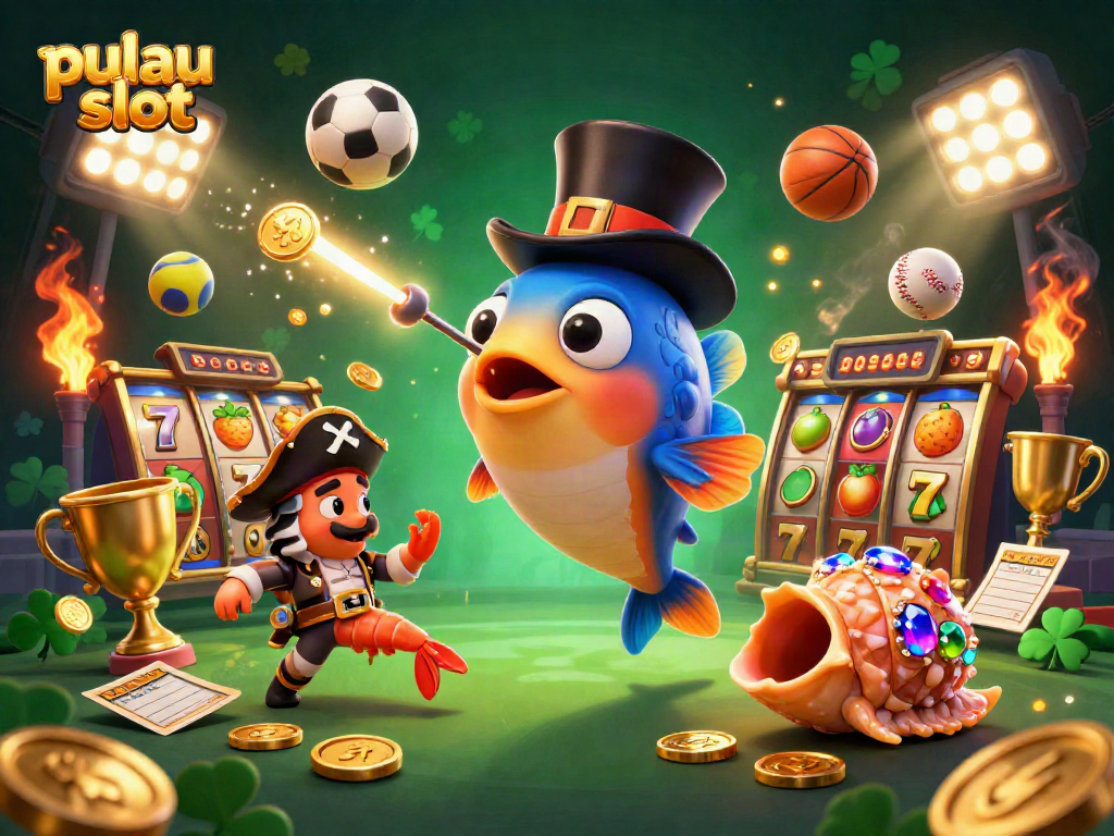 Engage with pulau slot in an ultra-detailed 3D casino world featuring vibrant characters and dynamic game elements.