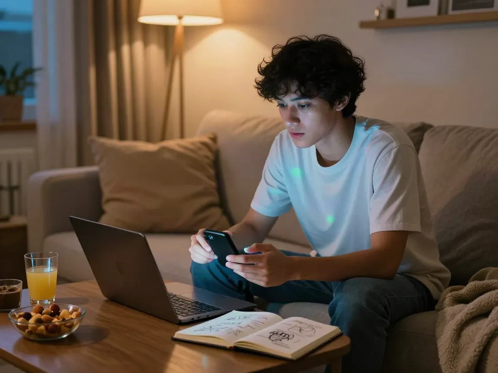 Youthful individual enjoying spicy AI chat on a cozy sofa with snacks and drinks.