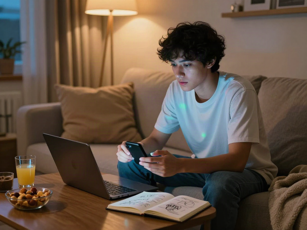 Youthful individual enjoying spicy AI chat on a cozy sofa with snacks and drinks.