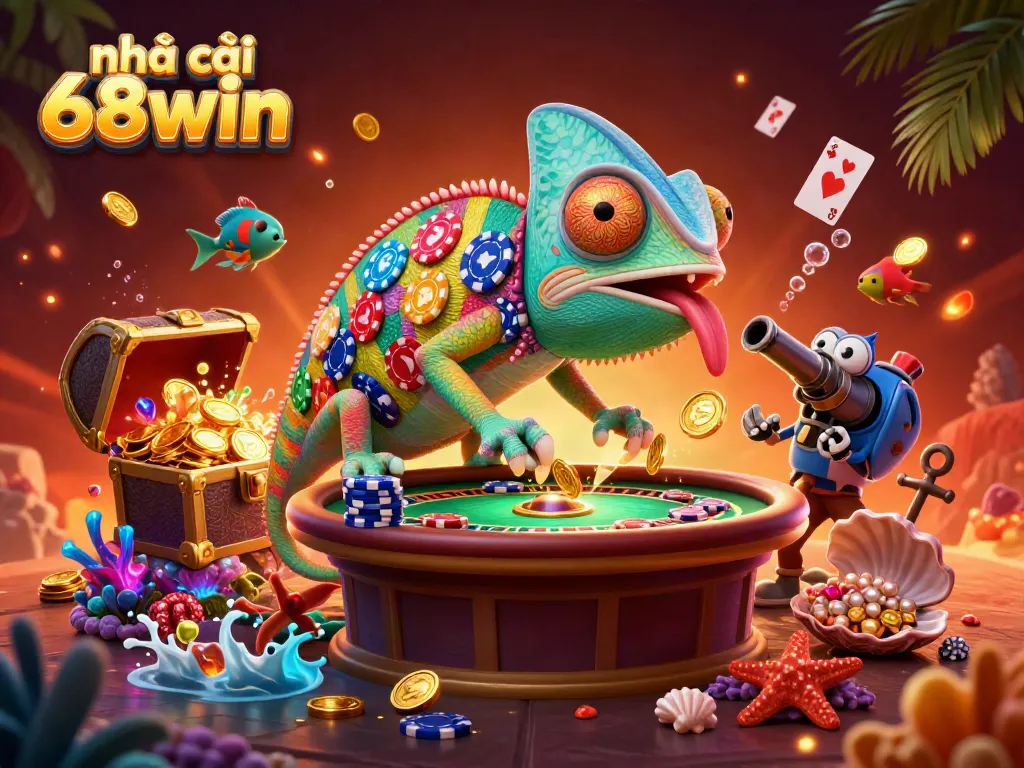 Engaging casino atmosphere featuring nhà cái 68win with vibrant chameleon owner and exciting game elements.