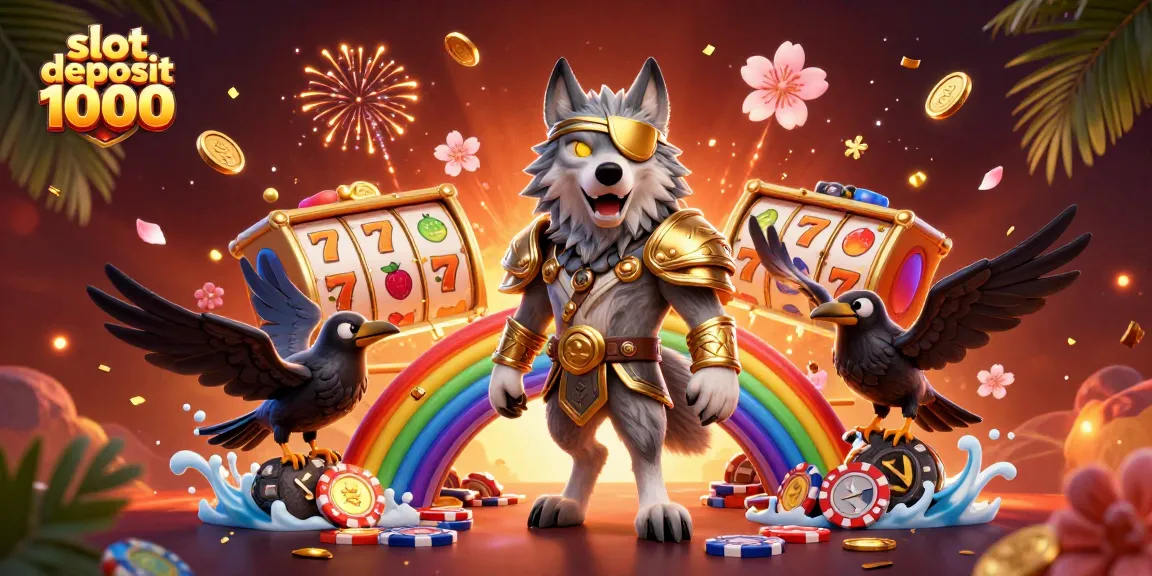 Engage with slot deposit 1000 in this vibrant 3D illustration featuring Odin and casino-themed elements.