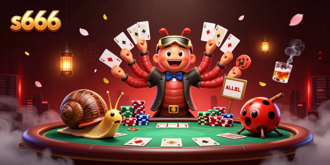 Experience the thrill of s666 with a vibrant casino scene featuring characters dealing cards and chips.
