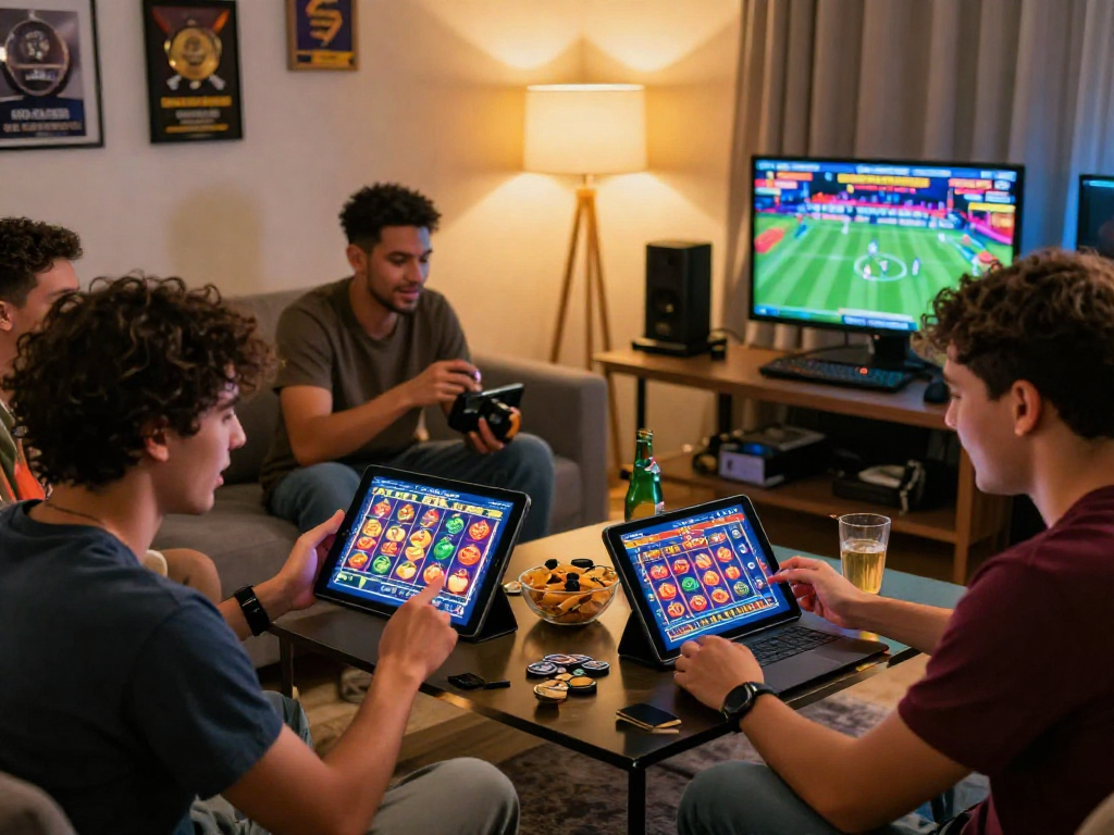 UK players engaging with casino non uk platforms, enjoying slots and live betting in a lively home setting, showcasing social gaming fun.
