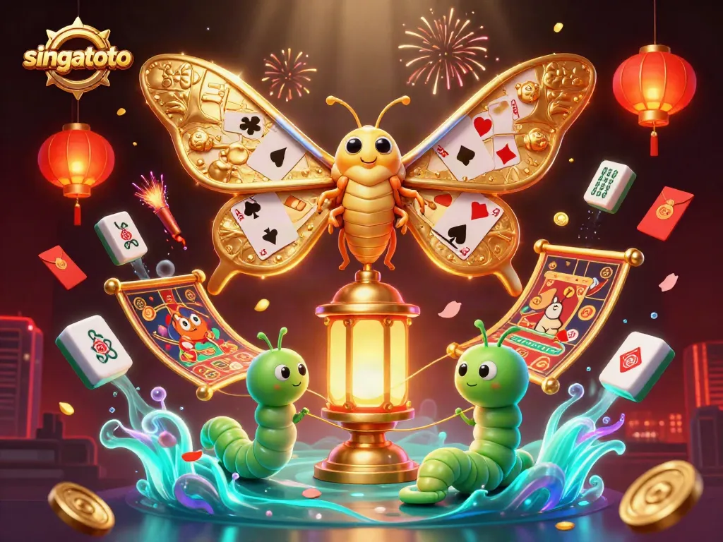 Engage with singatoto in this vibrant casino-themed illustration featuring a majestic moth and dynamic game elements.