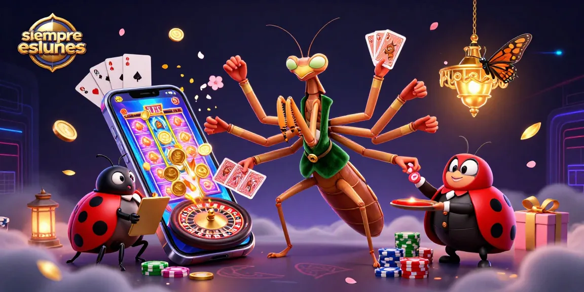 Experience thrilling gaming with siempreeslunes as giant mantis card sharp deals cards among vibrant casino scenes.
