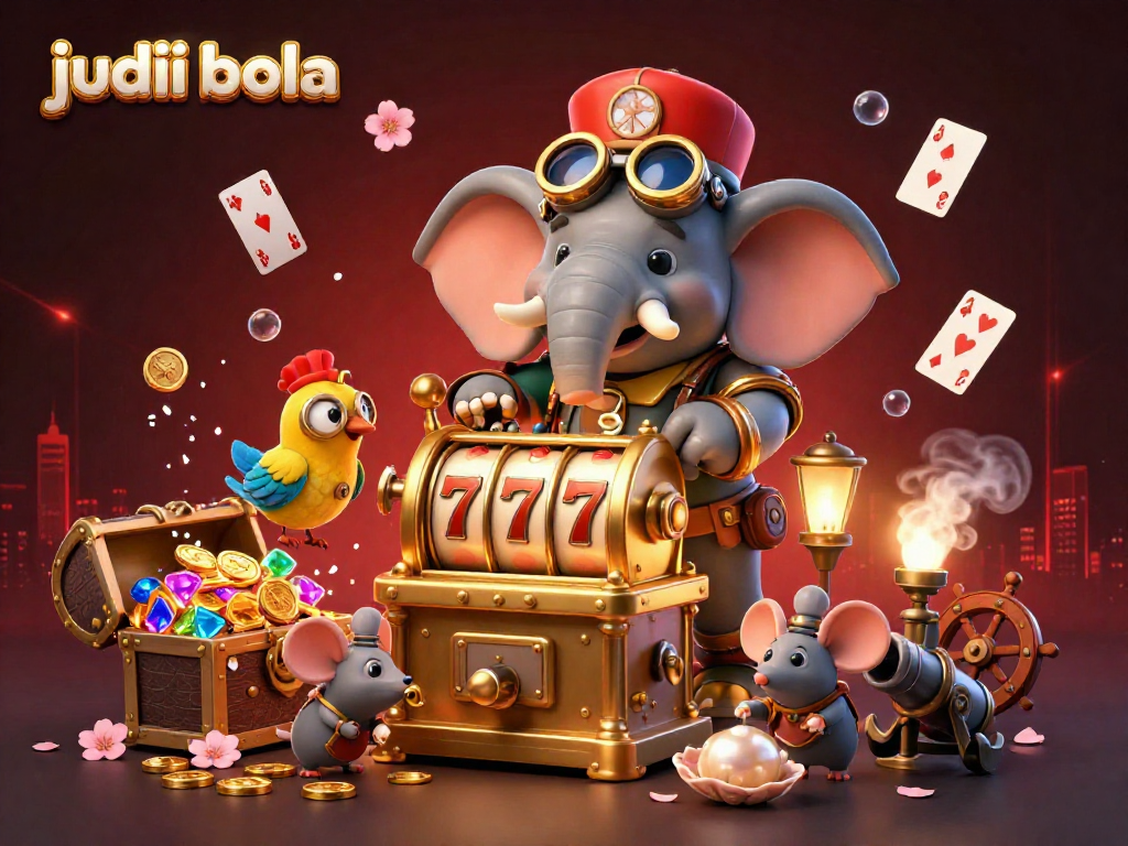 Experience thrilling judi bola action with a cartoon elephant engineer operating a golden slot machine.