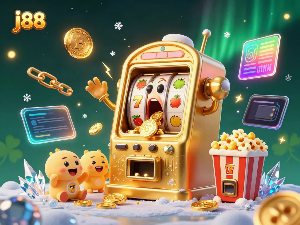 Feel the excitement with j88 as the golden slot machine hits the jackpot amidst cheering baby slots and Bitcoin coins.