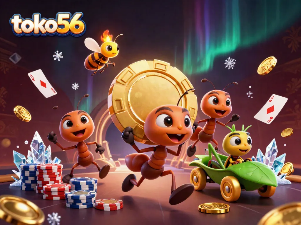 Toko56 menampilkan tim semut 3D yang mencuri chip poker emas, dikelilingi elemen permainan kartu, memperlihatkan aktivitas penuh semangat taruhan.