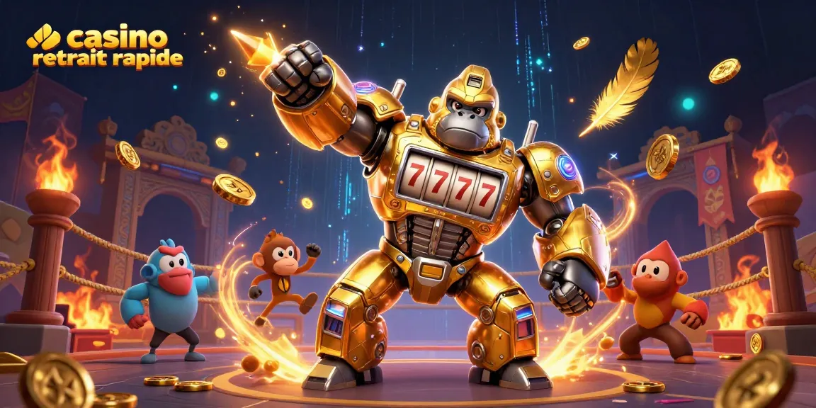 Visualisez un robot gorille en or avec des pièces de casino et des bonus de jeux rapides, pour le casino retrait rapide.
