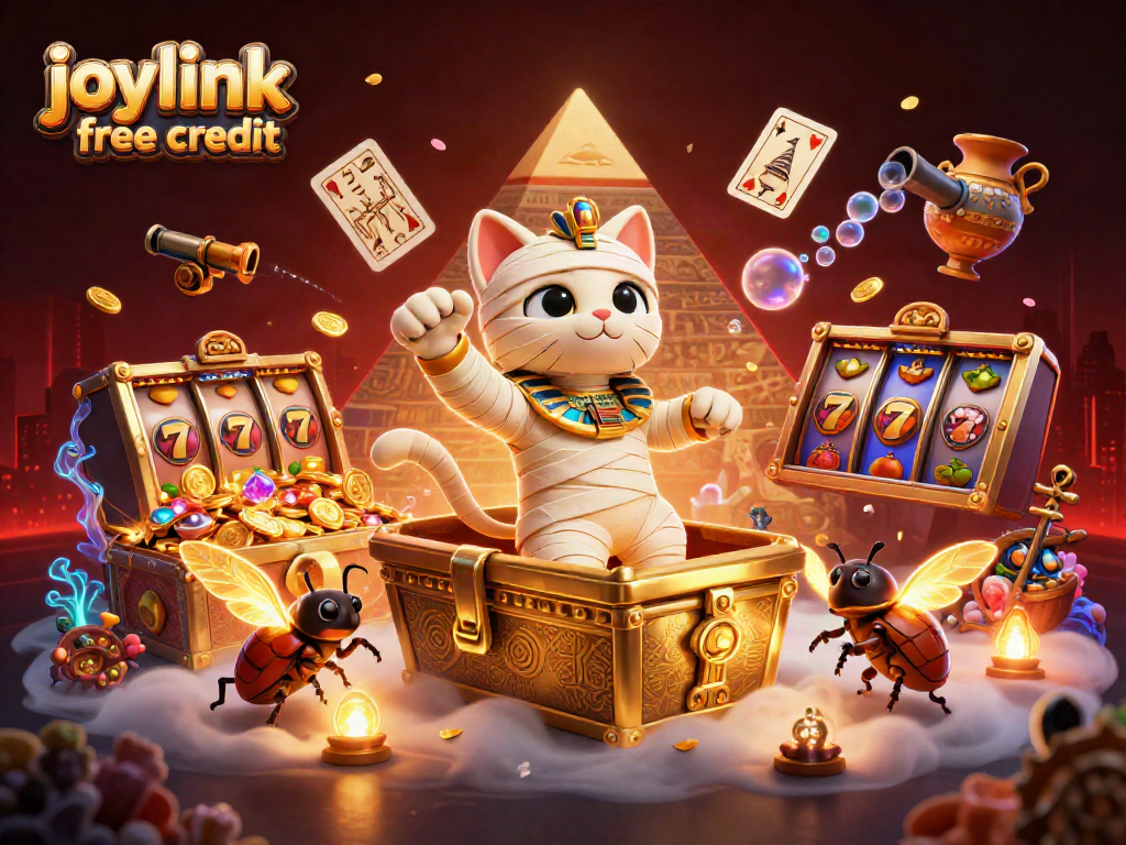 Win joylink free credit with an enchanting 3D scene of an Egyptian mummy cat and thrilling casino elements.