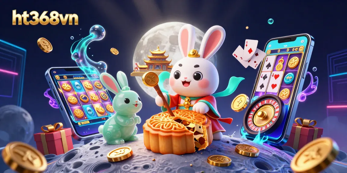 Experience exciting gameplay at ht368vn, featuring a vibrant moon-themed casino world with poker chips and slot games.