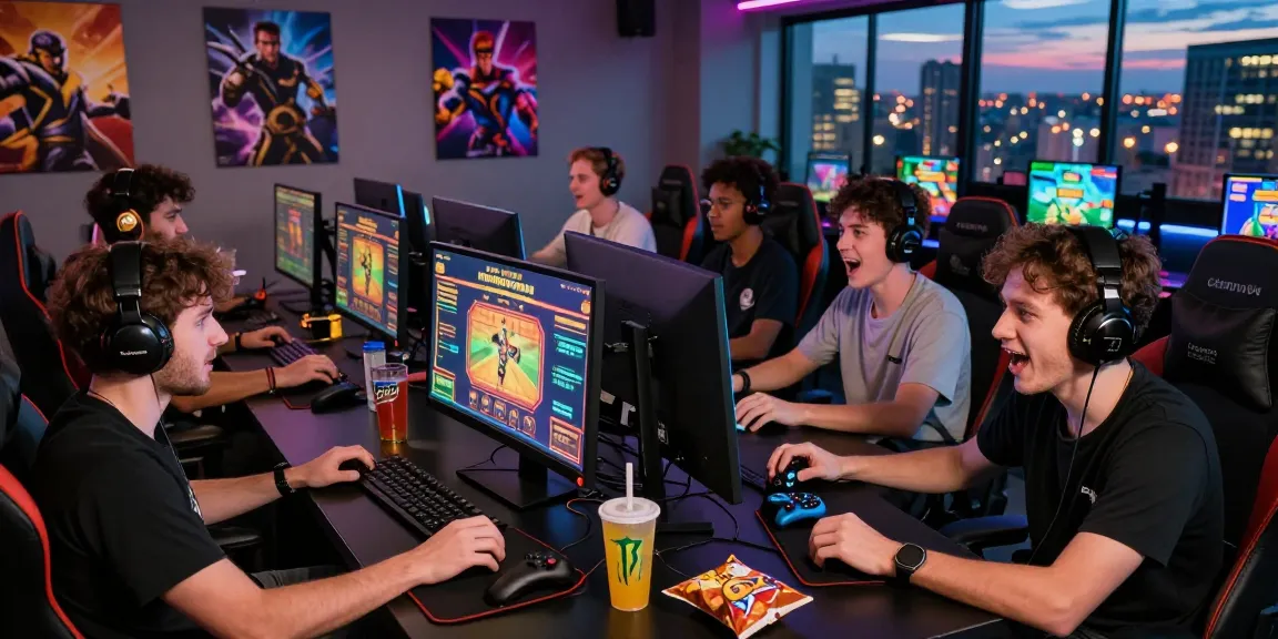 Engaged gaming players enjoying MPOCASH online slot games in a vibrant gaming lounge