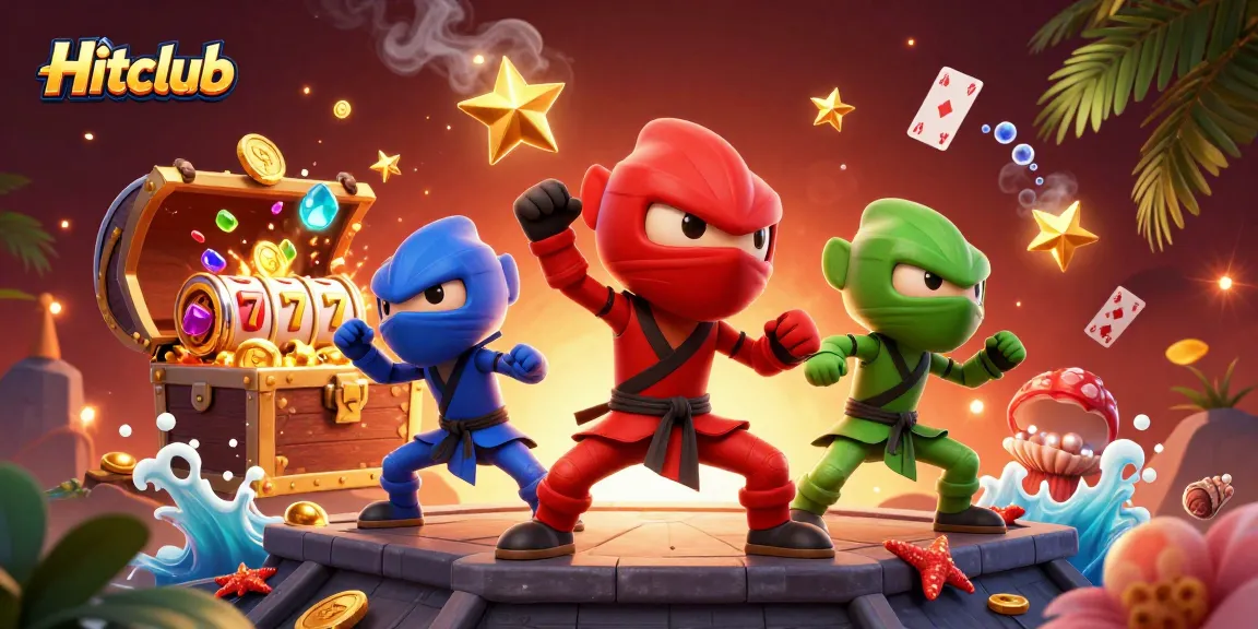 Hitclub's cartoon chameleon team performs vibrant martial arts amid exploding treasures and casino symbols.