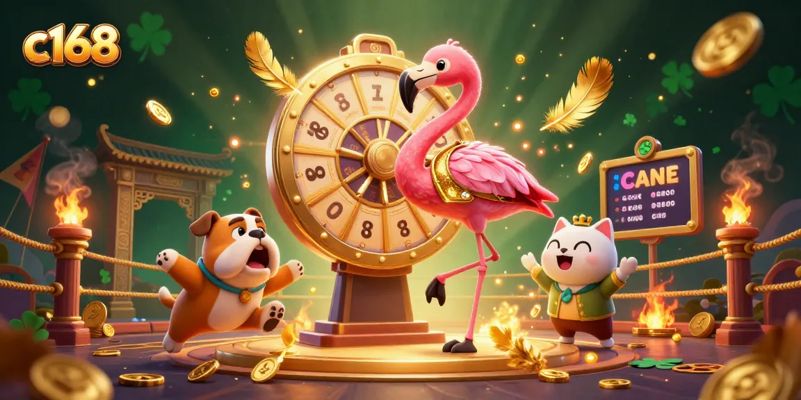 Experience thrilling wins at c168 with an exciting game show host, bulldog contestant, and vibrant casino elements.