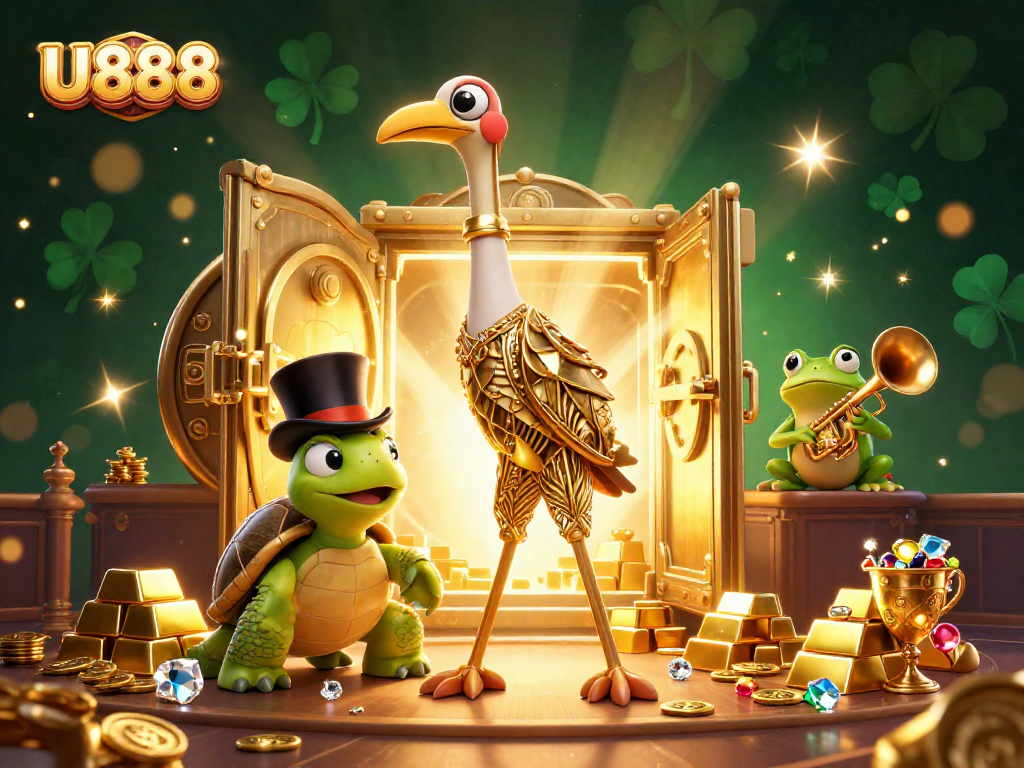 Experience thrilling wins at U888 with vibrant characters amidst gold treasures and casino ambiance.