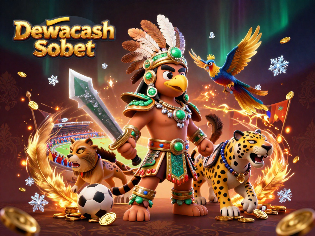 Dewacash Sbobet showcases dynamic sports betting action with vibrant characters, gold coins, and energetic elements.
