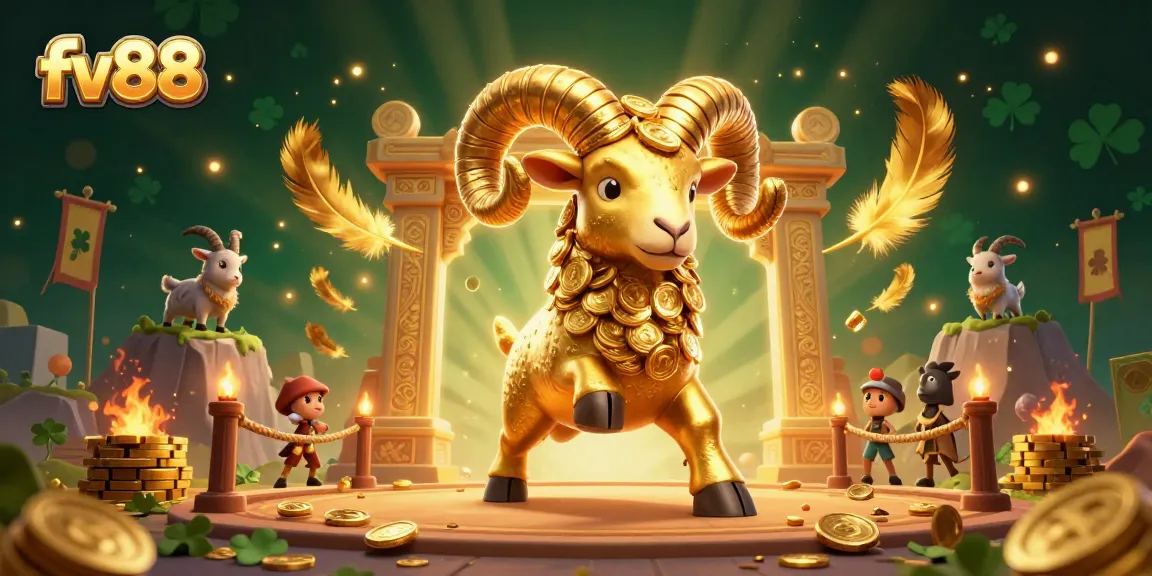 Experience the thrilling world of fv88 casino with a dynamic golden ram charging through a golden gate.