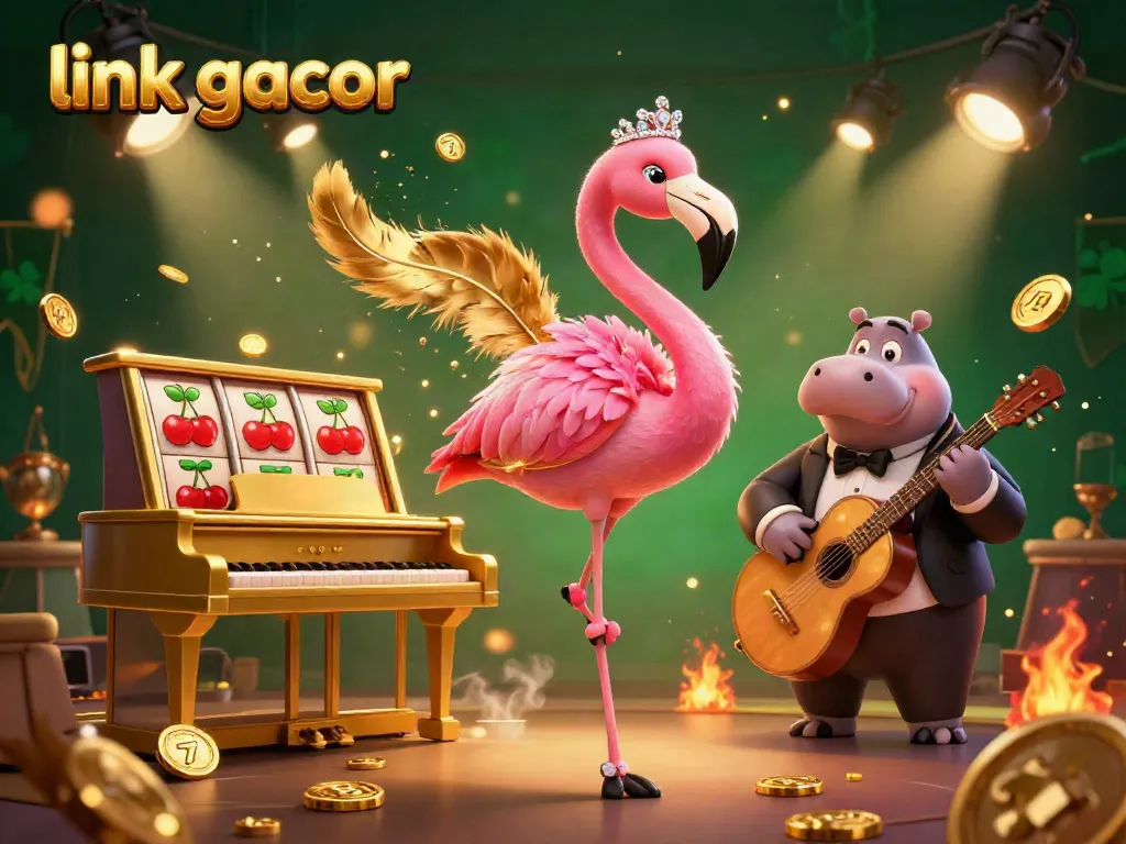 Experience the thrill of winning with link gacor in this vibrant gambling scene featuring a flamingo lounge singer and a hippo bassist.