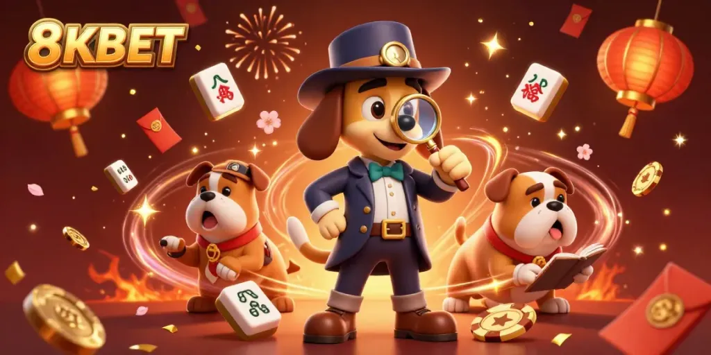 Experience the excitement of 8KBET gaming with a detective duo uncovering poker adventures amidst vibrant elements.
