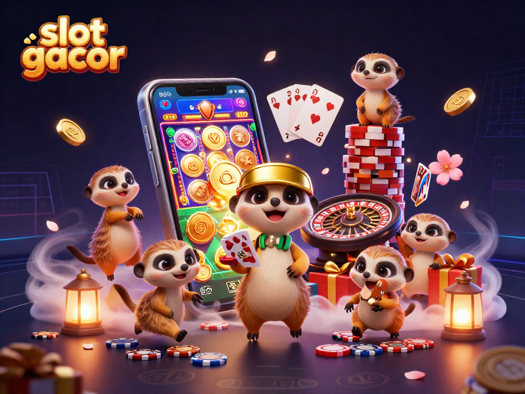Experience slot gacor action with meerkats running a vibrant casino, spinning reels, and lively atmosphere.