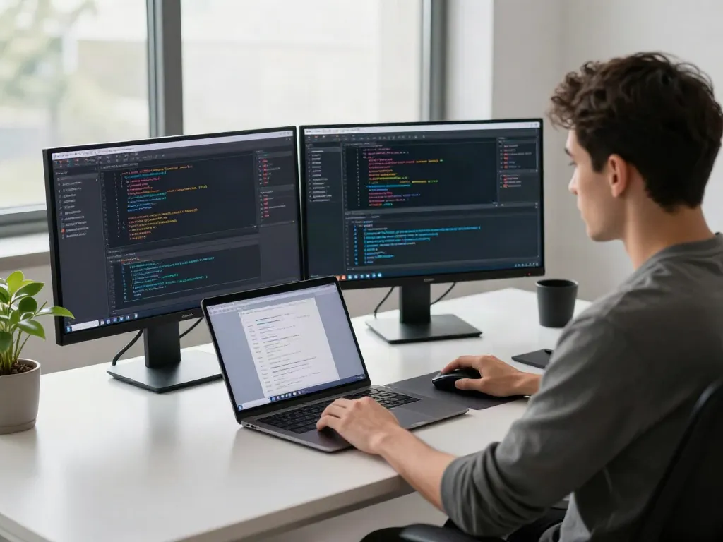 Brave browser development workspace with dual monitors and tech gadgets.