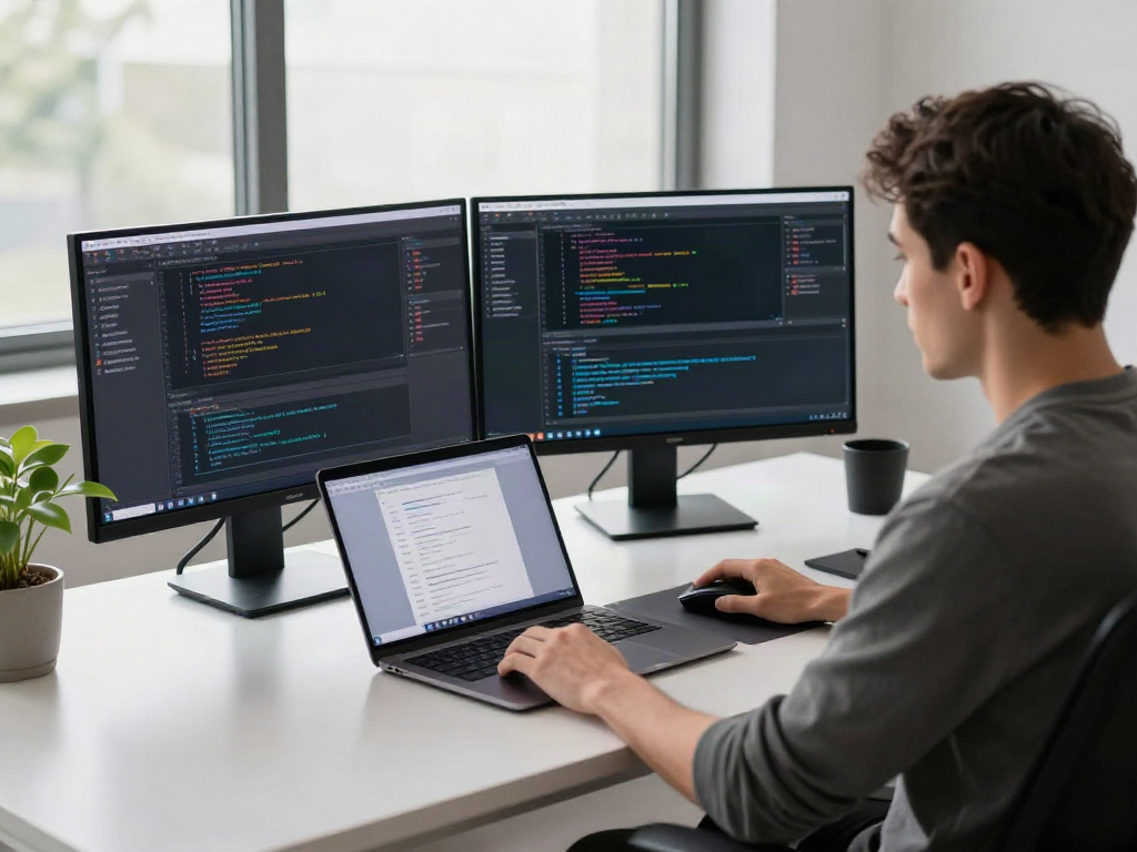 Brave browser development workspace with dual monitors and tech gadgets.