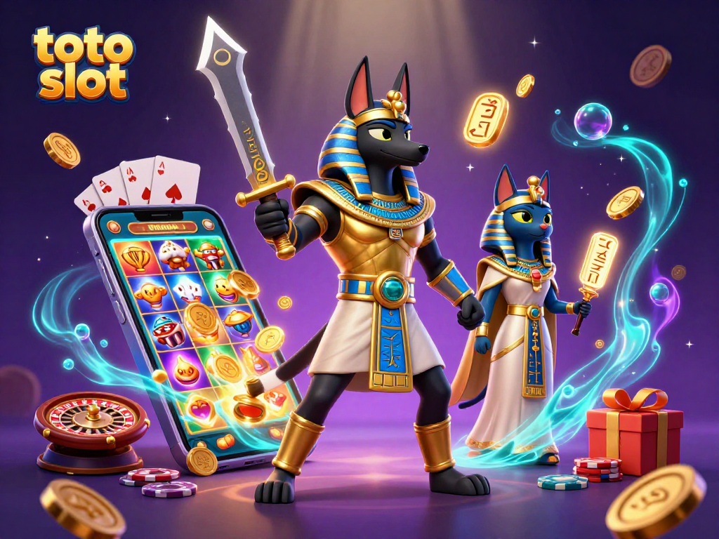 Engage with the thrilling world of toto slot, featuring Anubis and Bastet in a vibrant casino scene.