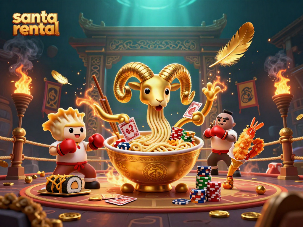 Engage with Santa rental services in a vibrant, festive casino-themed 3D illustration.
