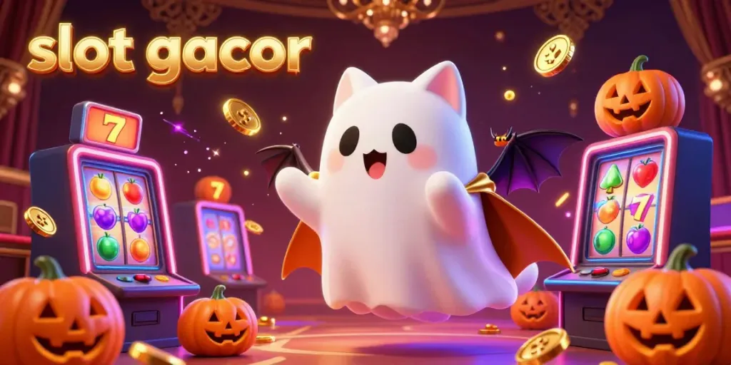 Experience the thrill of slot gacor with a ghost cat in a dazzling casino scene.