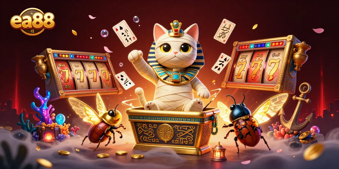 Experience thrilling gaming at ea88 with an Egyptian mummy cat and scarab beetle in a vibrant casino scene.