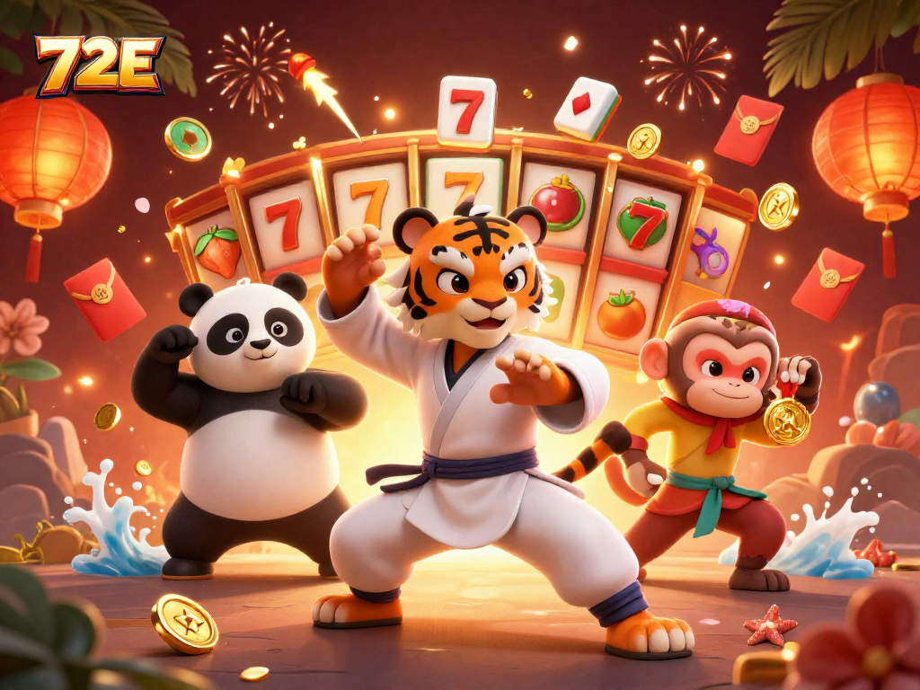 A arte da 72E apresenta um tigre mestre e seus alunos celebrando vitórias com símbolos de cassino e elementos festivos.