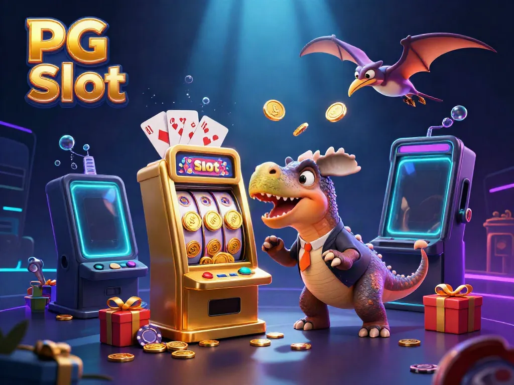 PG Slot scene with dinosaur characters interacting with a slot machine, coins flying amidst a vibrant casino atmosphere.