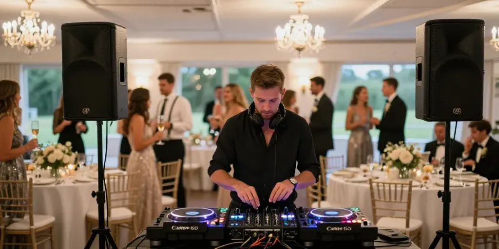 Hochzeit DJ Berlin Brandenburg setting up for an elegant wedding reception with guests celebrating.