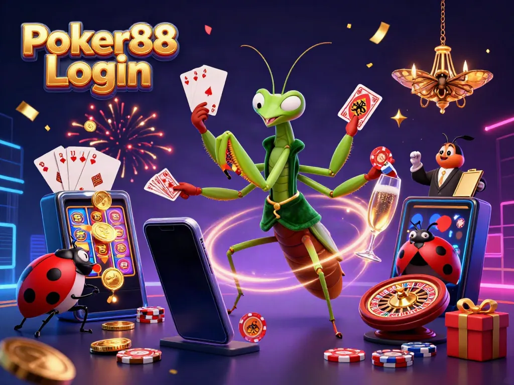 Experience Poker88 Login through a vibrant scene of animated characters engaging in casino excitement with slot games and cards.