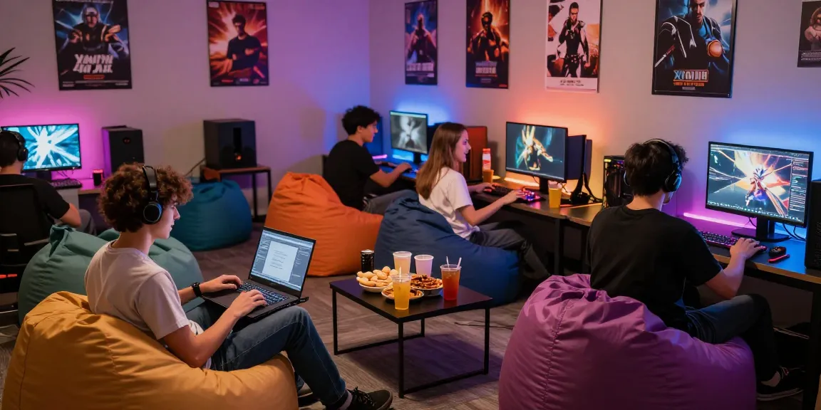Players enjoying xxx games in a vibrant gaming lounge with snacks and LED lights.